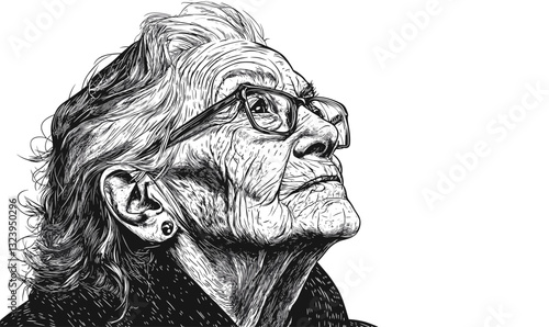 Elderly woman in glasses looking up, linear detailed portrait, icons set, vector.