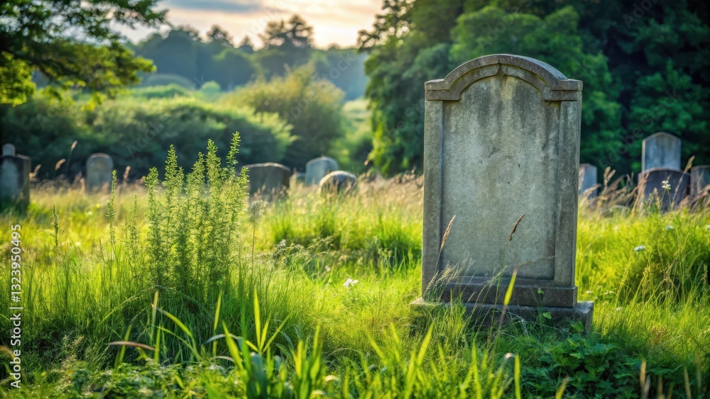 Fototapeta premium Desolate tombstone stands alone in a neglected cemetery amidst overgrown grass and weeds , gravestone, nature