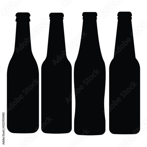 Beer or lemonade bottle icon, black outline and black silhouette isolated on white. Drink in closed bottle, line and stencil style.various craft beer bottles. Different shapes and sizes.beer silhouete