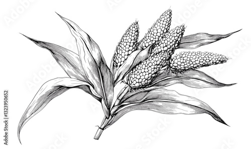 Corn plant drawing with detailed leaves and cobs in black and white, linear icons set, vector.