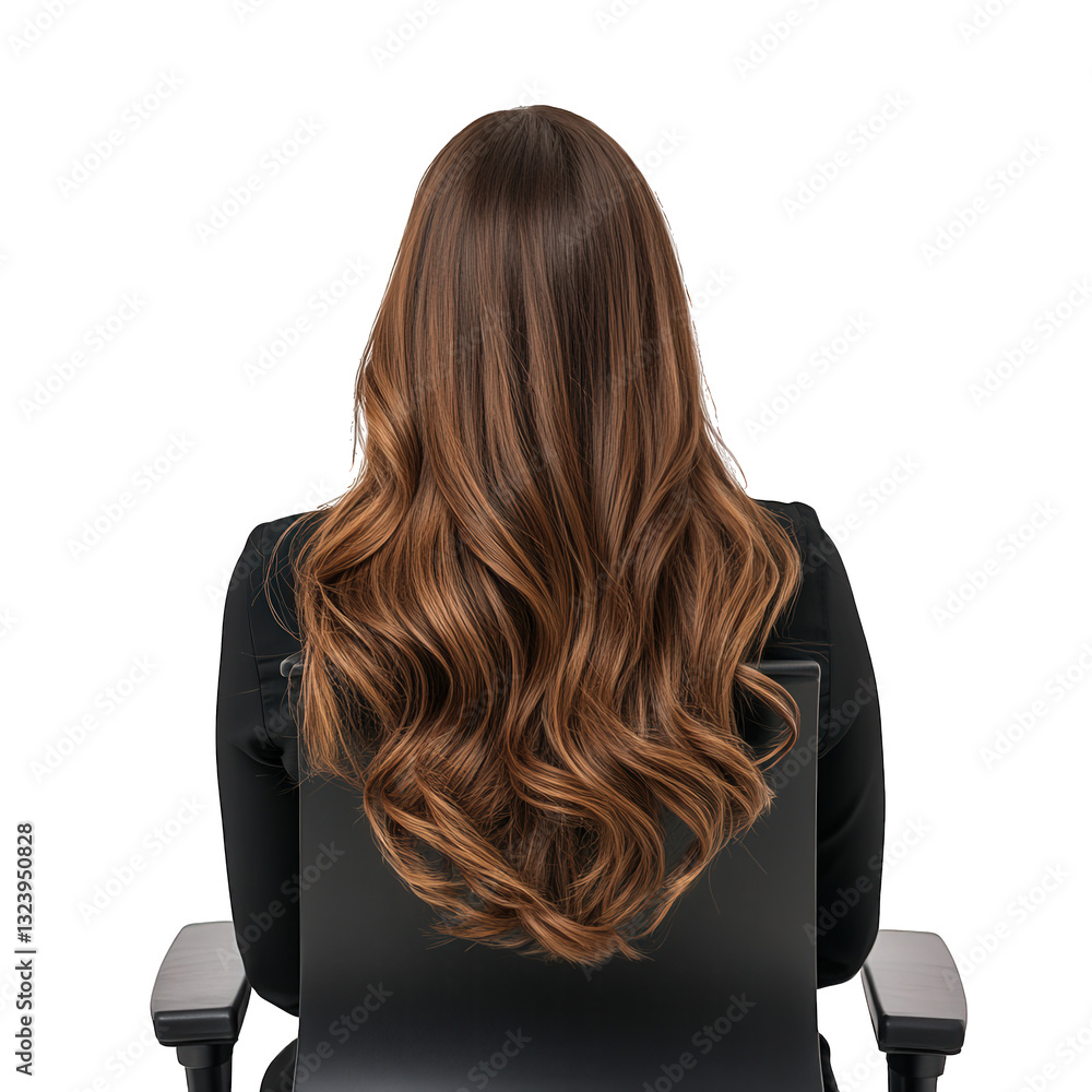 Naklejka premium a woman with long wavy hair is seated in a black chair viewed from behind against a plain white background suggesting a focus on hairstyle or beauty