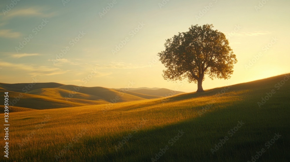 Obraz premium Majestic Lone Tree on Rolling Hills at Sunset in Golden Light