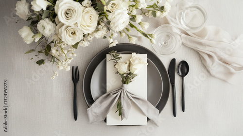 Elegant wedding stationery mockup with floral arrangement set on a beautifully arranged table