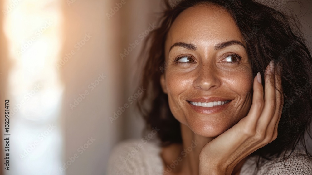 Fototapeta premium Smiling mature caucasian woman with wavy hair in warm lighting