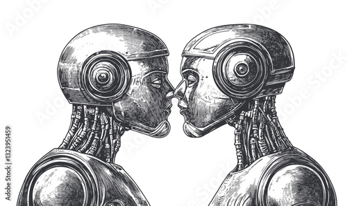 Two cyborgs facing each other technology icons set - linear style vector.