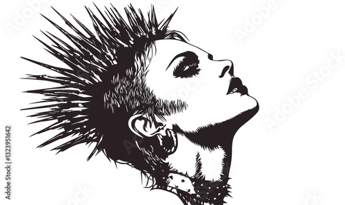 Punk rocker portrait with spiky hair and accessories in black and white, linear icons set vector.