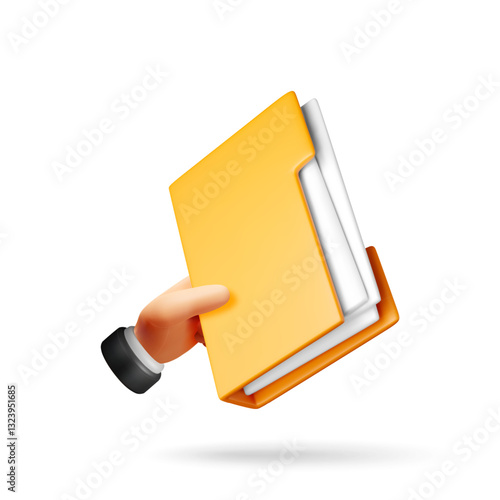 3D business folder full of papers in hand isolated on white. Render yellow folder for correspondence, file for paper documents. Open folder icon manila archive case or ring binder. Vector illustration