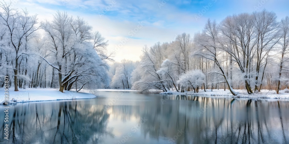 Snow-covered forest with bare trees and frozen lake in winter, cold weather