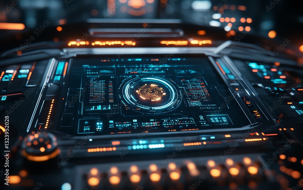 Obraz premium Digital dashboard interface with an AI symbol, showcasing AI compliance integration into digital systems, ultrarealistic, and smooth glowing lights