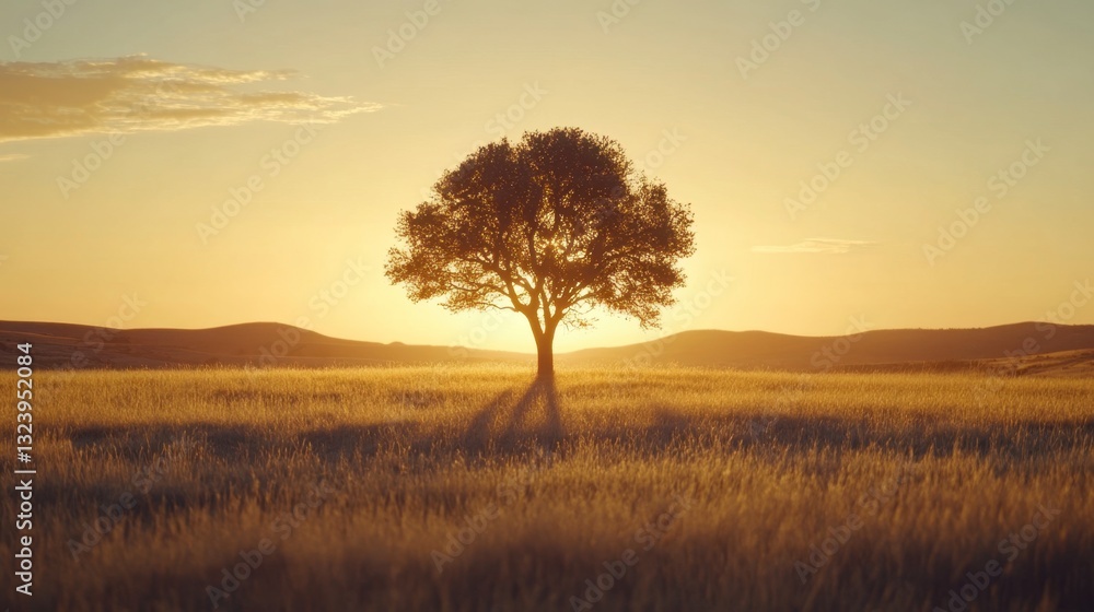 Majestic Lone Tree Against a Golden Sunrise in Open Field Majestic Lone Tree Against a Golden Sunrise in Open Field