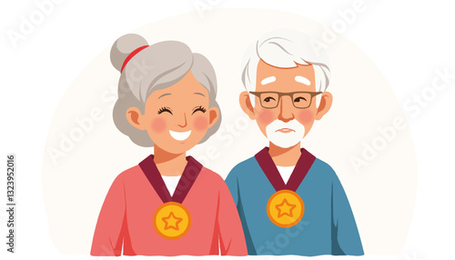 Smiling elderly couple with medals against light background
