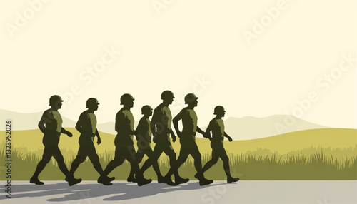 Silhouettes of soldiers marching on grassy landscape