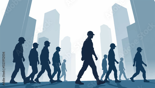 Silhouettes of workers walking in a cityscape background
