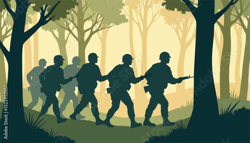 Silhouetted soldiers marching through a forest