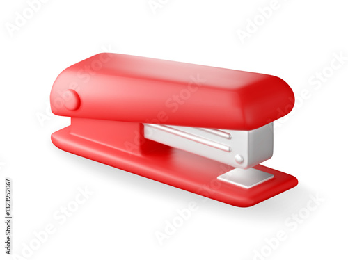 3D Red plastic stapler isolated on white. Render stapler tool icon. Device for fastening sheets. Office and school equipment, stationery or supply. Vector illustration