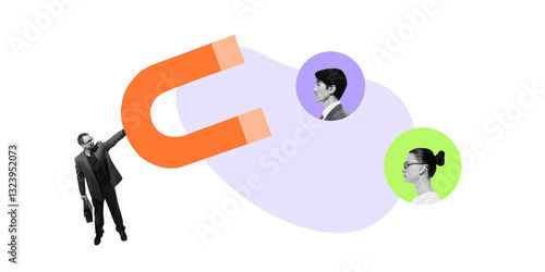 Magnet attracting professionals, symbolizing recruitment, strategic partnerships, company growth. Concept of business, acquisition, talent attraction, corporate vision. Contemporary art collage