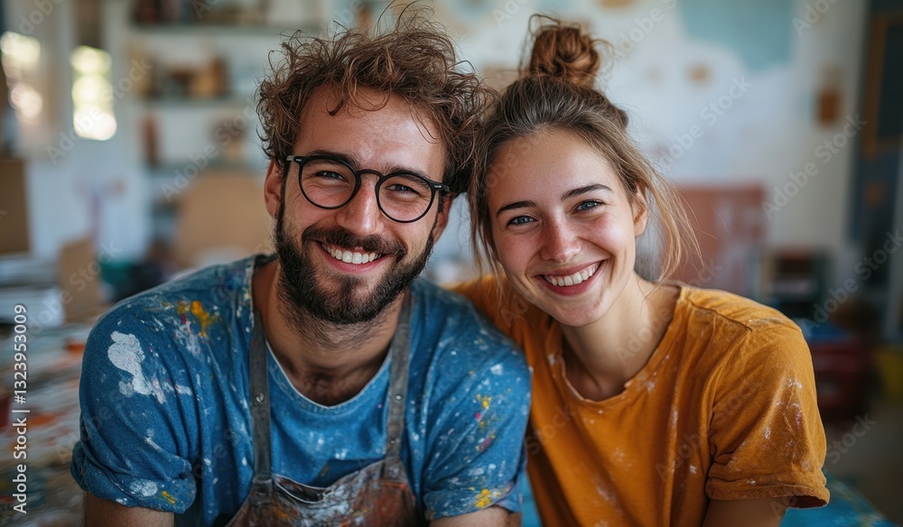 Young couple shares joyful moments while painting their new apartment walls, immersing in creativity and fun together Young couple shares joyful moments while painting their new apartment walls, immersing in creativity and fun together