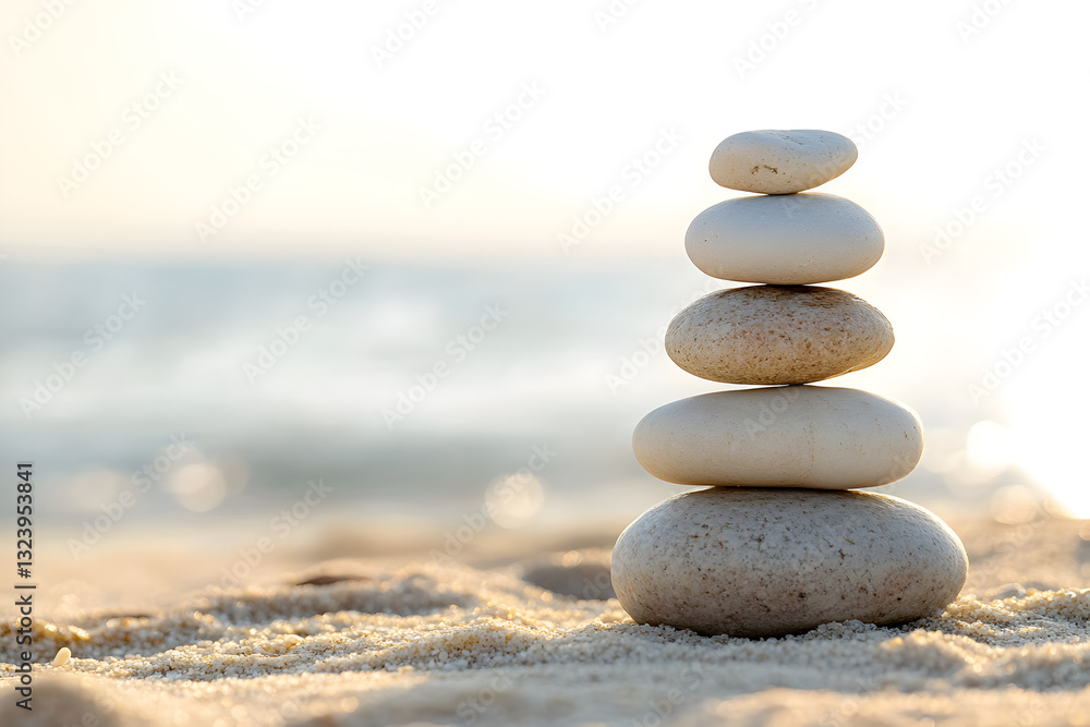Minimalist stone stack on a sandy shore emphasizing peace, balance, and natural beauty for mindfulness concepts Minimalist stone stack on a sandy shore emphasizing peace, balance, and natural beauty for mindfulness concepts