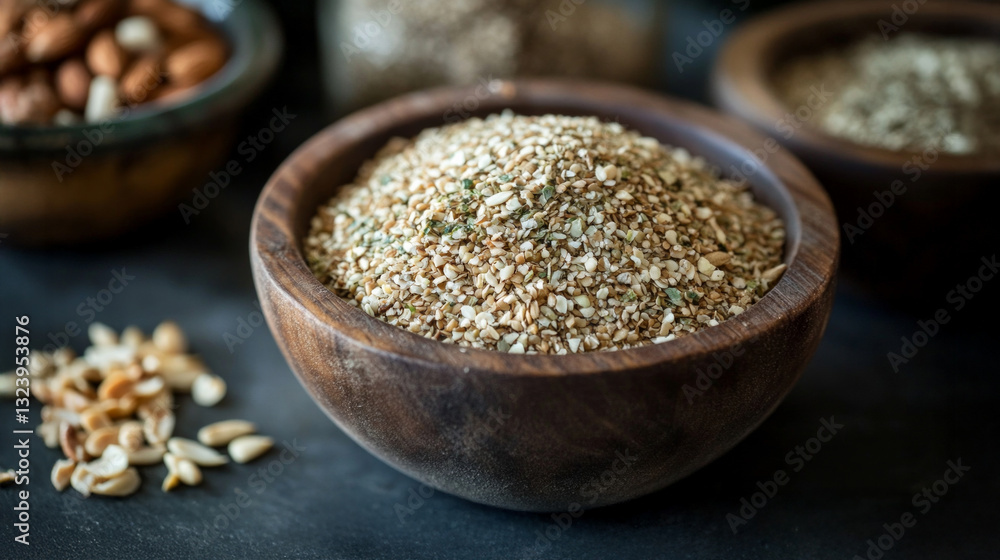 Variety of nuts and seeds displayed in wooden bowls showcasing natural textures and colors Variety of nuts and seeds displayed in wooden bowls showcasing natural textures and colors