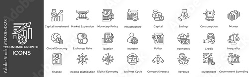 Economic Growth icon set. Containing Capital Investment, Market Expansion, Monetary Policy, Infrastructure, Capital