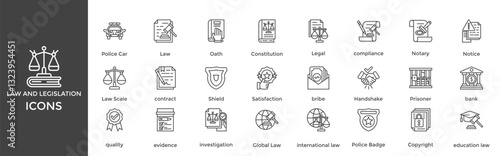 Law and legislation icon set. Containing Law, Oath, Constitution, Legal, compliance