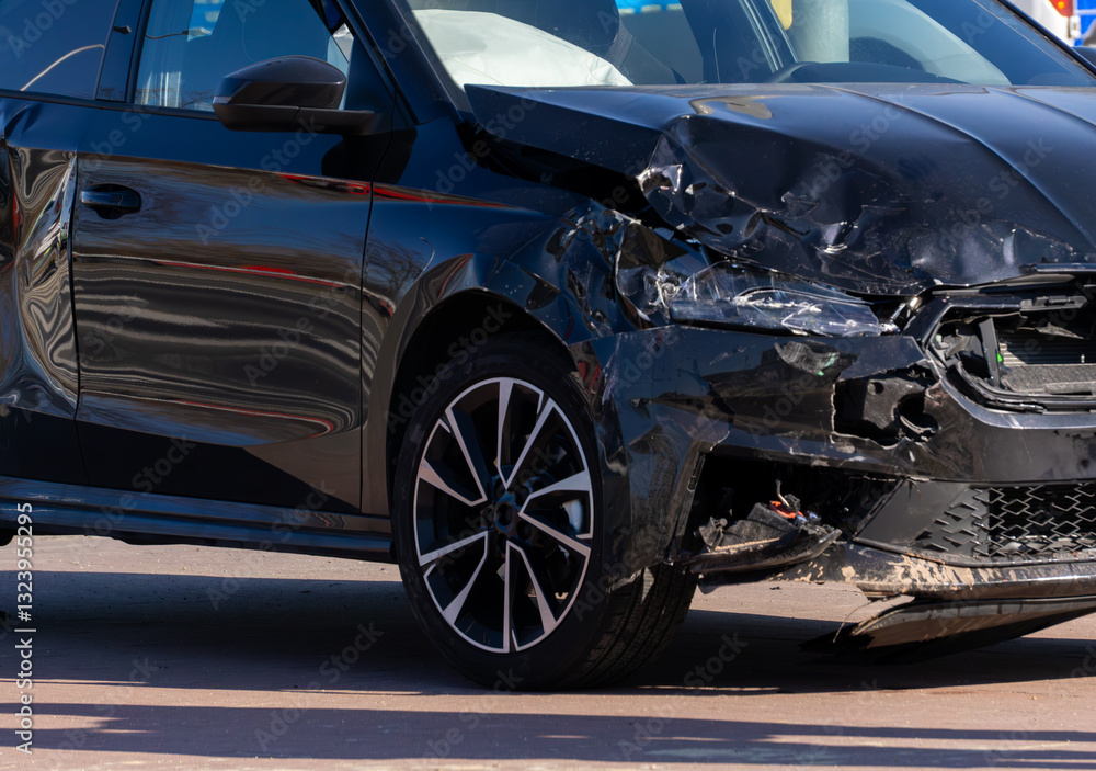 black car standing on the road after a collision. damaged passenger car after a road accident. dented body parts, broken lamp, damaged bumper, fender. black car standing on the road after a collision. damaged passenger car after a road accident. dented body parts, broken lamp, damaged bumper, fender.