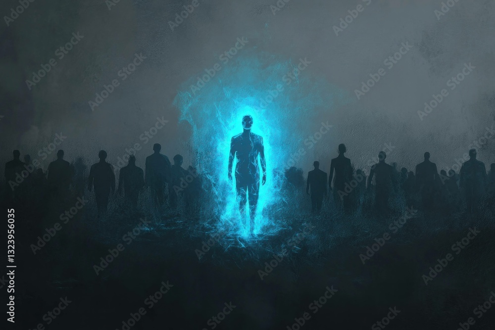 Ethereal blue light illuminating a lone figure among dark silhouettes, symbolizing individuality and hope in a surreal landscape Ethereal blue light illuminating a lone figure among dark silhouettes, symbolizing individuality and hope in a surreal landscape