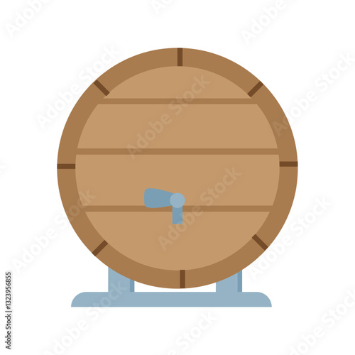 Flat vector illustration of a wooden barrel with tap on metal stand, front view