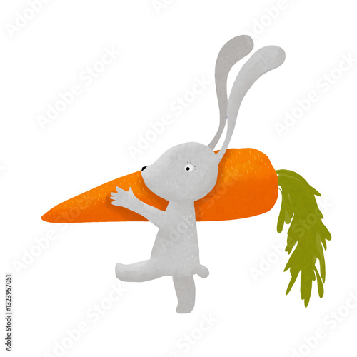 Cute Gray Rabbit Carrying A Big Carrot. Funny Gray Little Bunny on a White Background. Easter Vector Card with Happy Hand Drawn Rabbit and Big Carrot. Kids' Room Decoration. No Text. 