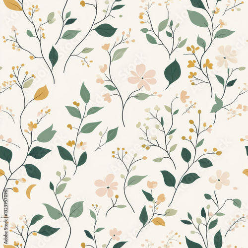 A delicate and minimalist design of small leaves and flowers, gently scattered across the composition. The leaves are soft and rounded