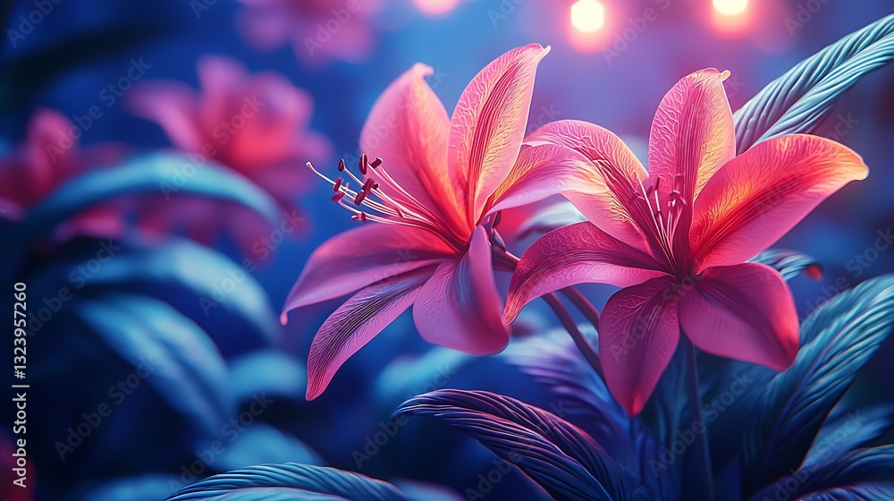 Surreal Pink Lilies Night Bloom Dark Blue Leaves Artistic Floral Surreal Pink Lilies Night Bloom Dark Blue Leaves Artistic Floral