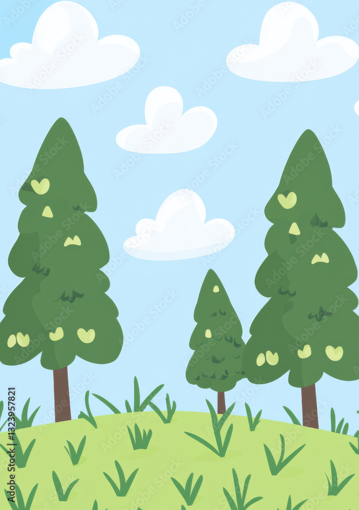 Obraz premium A flat vector illustration of trees and grass, with simple shapes and a flat design. The background features a blue sky with clouds, in a simple, flat style with clean lines and a green color palette.