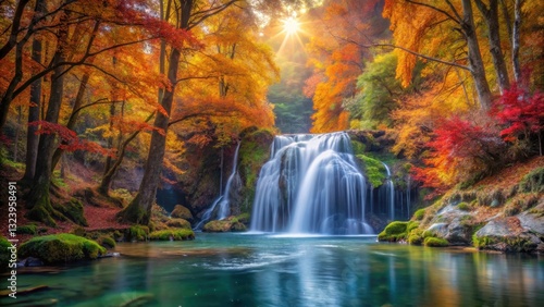 Waterfall in autumn forest, peaceful scenery, forests,  peaceful scenery
