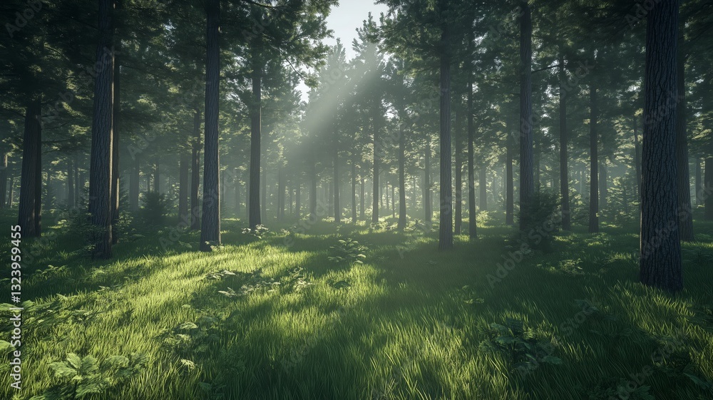 A dense forest of tall pine trees with sunlight peeking through the branches and soft rays on the forest floor, ultra-realistic A dense forest of tall pine trees with sunlight peeking through the branches and soft rays on the forest floor, ultra-realistic