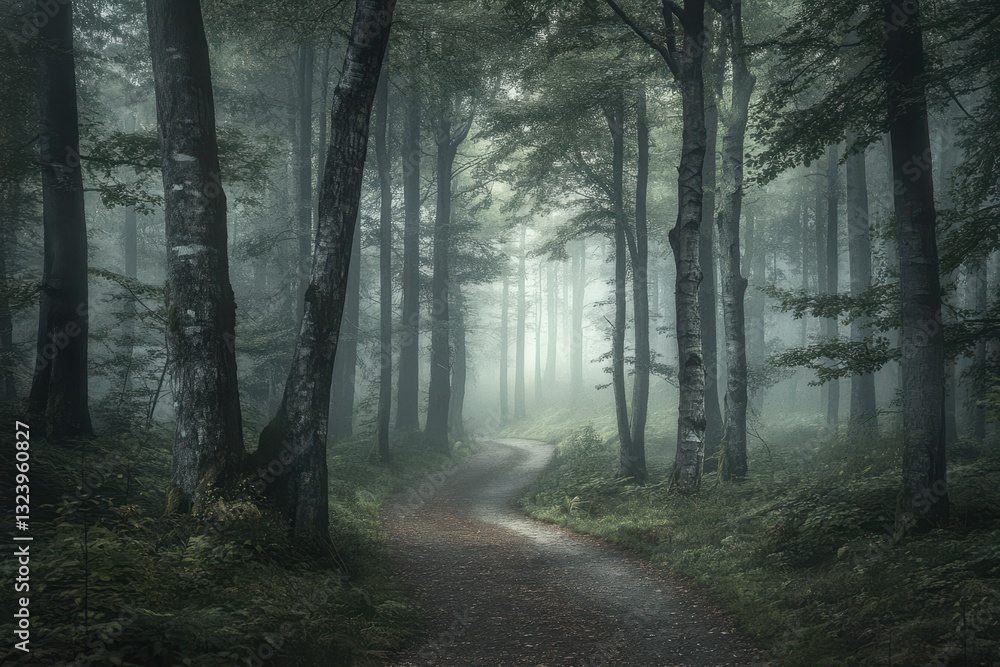 Fototapeta premium Misty forest path winding through tall trees on a calm morning