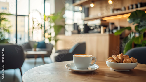 Wallpaper Mural Cozy cafe scene: Cappuccino art and fresh pastries invite relaxation in a sunlit ambiance for a delightful morning break.  Torontodigital.ca