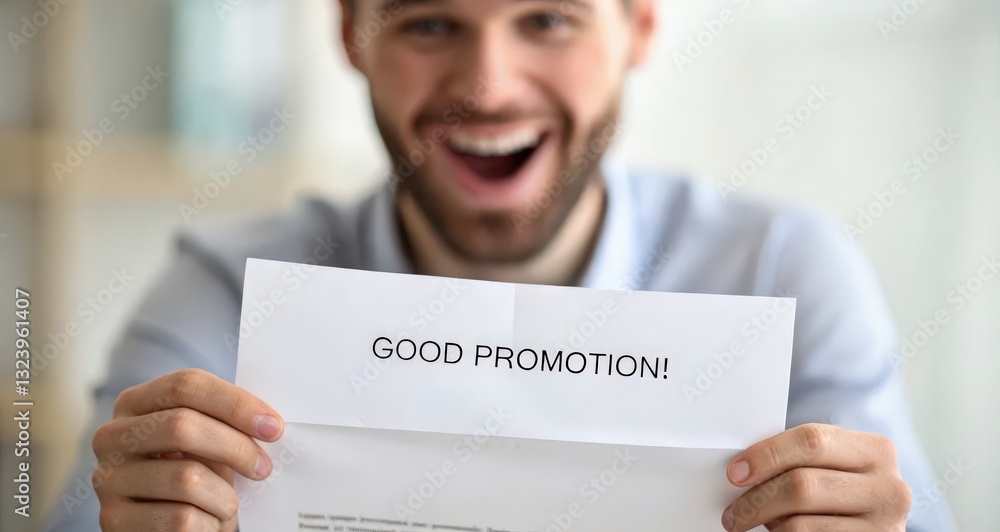 Professional Change promotion concept. Happy man holding a promotion letter with excitement. Professional Change promotion concept. Happy man holding a promotion letter with excitement.