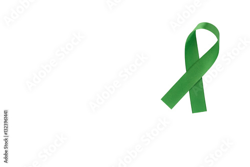 Green ribbon, symbol of social awareness, isolated background. World Cancer Day. copy space.