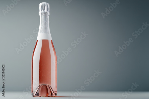 A single bottle of rose champagne with a sleek design, placed against a neutral minimalist background. The elegant sophisticated composition is ideal for luxury, celebration,  wine branding visuals.