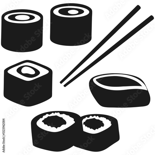 Sushi rolls and chopsticks in minimalist black and white silhouette style.