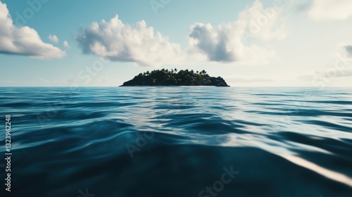 Island Paradise: A small, verdant island rises from the vast, tranquil ocean, bathed in sunlight under a sky dotted with fluffy clouds.