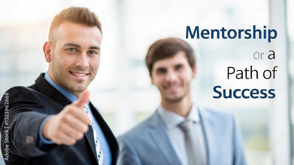 Fototapeta premium Professional Change promotion concept. Two men in business attire smiling and giving a thumbs-up.