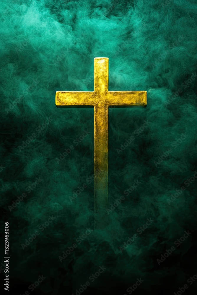 Golden cross illuminated amidst mysterious green haze, symbolizi Golden cross illuminated amidst mysterious green haze, symbolizi