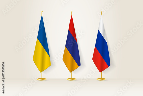 Diplomatic Meeting Representation, Ukraine, Armenia and Russia Flags. Flags on Diplomatic Stands.
