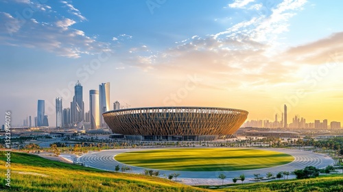 Lusail Iconic Stadium: A breathtaking panoramic view showcasing a magnificent stadium, set against a vibrant cityscape under a captivating sky.