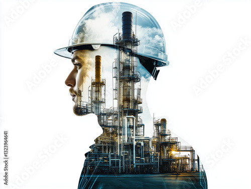 double exposure image of man wearing helmet, showcasing oil refinery in background. blend of human and industrial elements creates powerful visual representation of energy sector