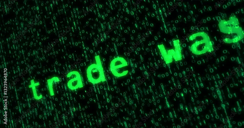 Trade war tariffs and protectionism text typing on display screen matrix style. Searching with retro monitor green pixel macro view. Trade war tariffs and protectionism text typing on display screen matrix style. Searching with retro monitor green pixel macro view.