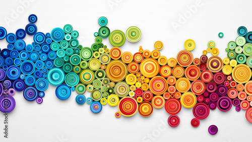 Colorful lively rainbow paper quilling art on white background. Creative handmade filigree paper craft hobby diy artwork. Vibrant composition created using the quilling technique. Vector illustration