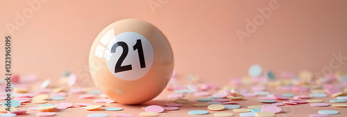 Beige lottery ball with number 21 surrounded by pastel confetti, symbolizing joy, luck, and winnings. Perfect for festive promotions, financial ads, and lottery-themed visuals.