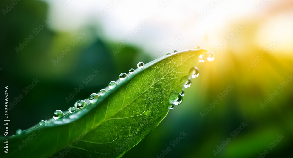 Fototapeta premium Green leaf tip with water droplets glistening in bright sunlight against a blurred natural background. Dew drops on foliage in a refreshing outdoor setting.
